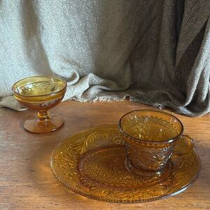 Vintage Indiana Tiara amber glass set of 4 luncheon plates, cups & sherbet cups